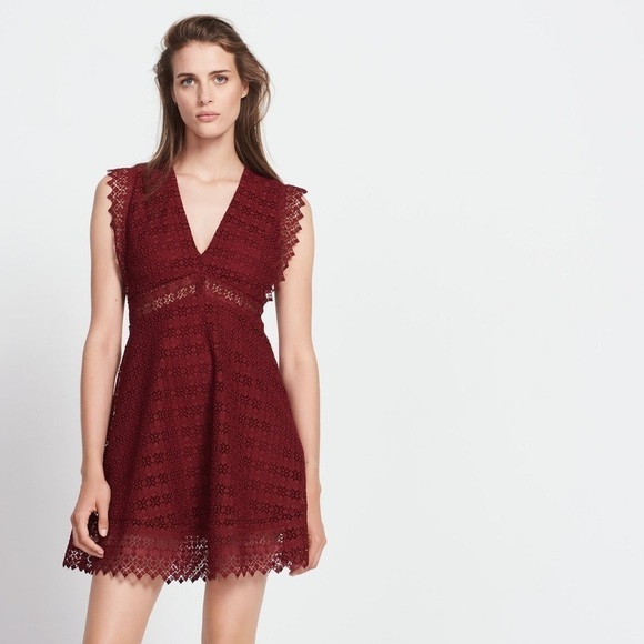 Sandro Bordeaux Guipure Crochet Lace Mini Dress Red - Picture 1 of 16